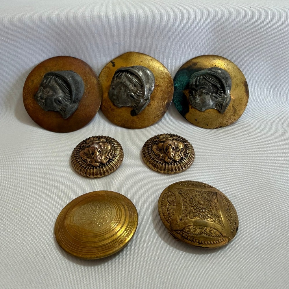 Antique Victorian Metal Button Lot of 7 1.5" Picture Woman Bonnet Lion Head